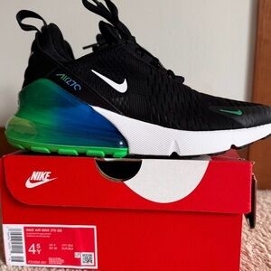 Nike Air Max 270 GS sneakers, Size Girl’s Youth 4.5, Black/Malachite/Photo Blue